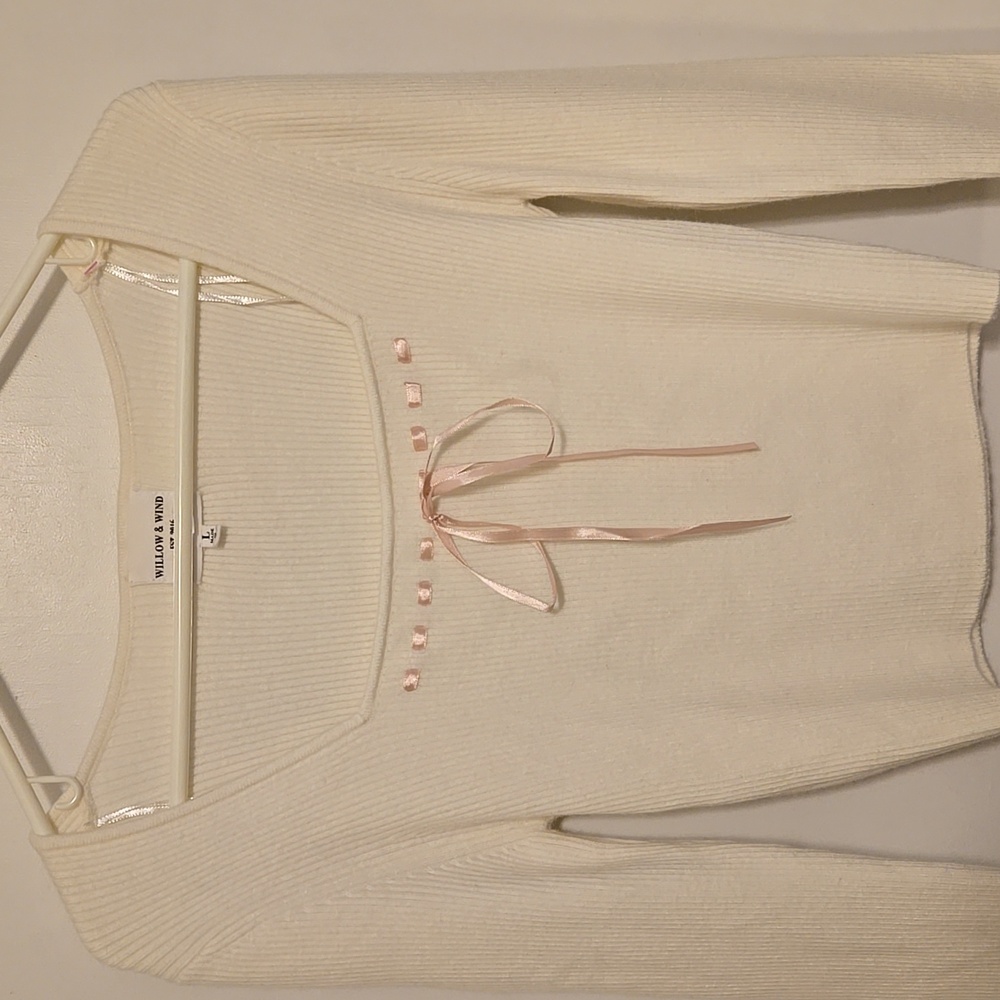 Willow And Wind Cream Long Sleeve Top with Pink Ribbon